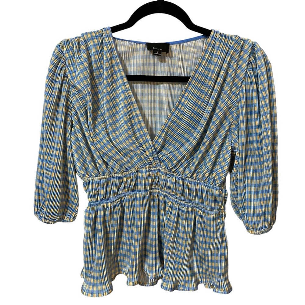 Lumiere Women's Small Gingham Pleated Cropped Blouse‎ Top Blue Yellow V Neck